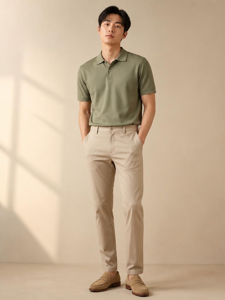 Man wearing an olive polo with stone chinos for a smart casual evening