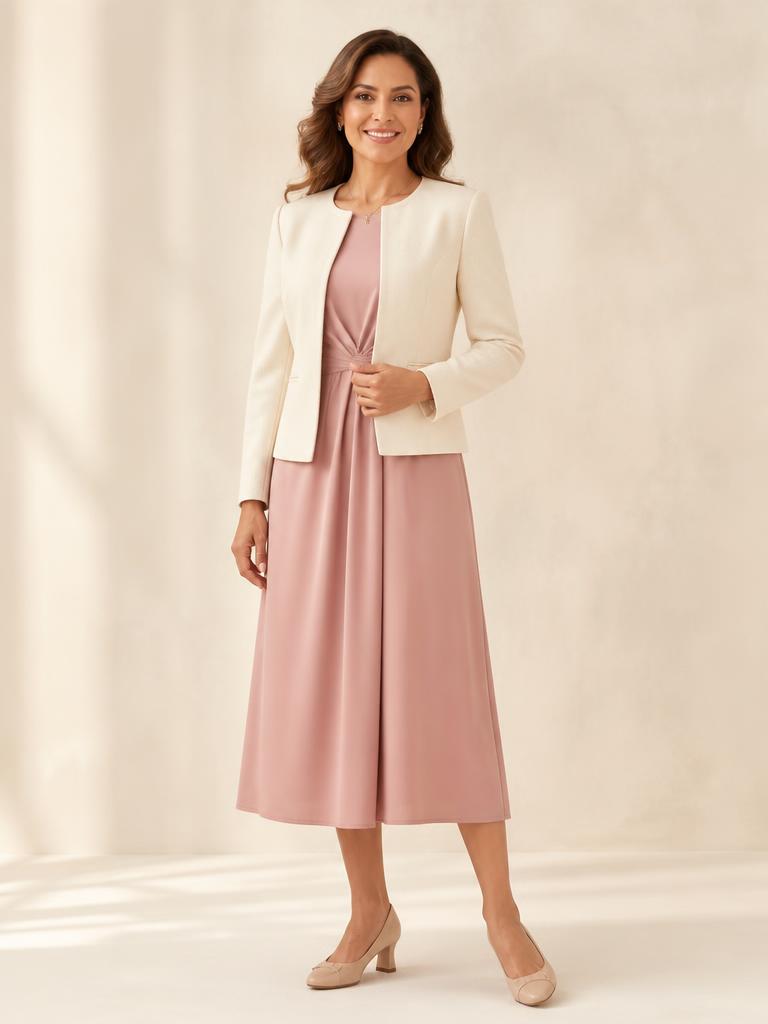 Woman wearing a rose midi dress with a cream jacket for a church service
